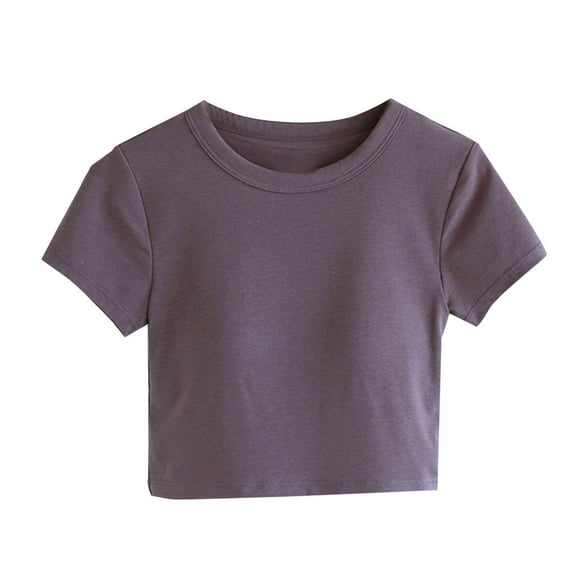 ZQUUVOU Women's Cotton Crop T-Shirt Solid Color Short Sleeve Crew-Neck Crop Blouses Gray (XL)