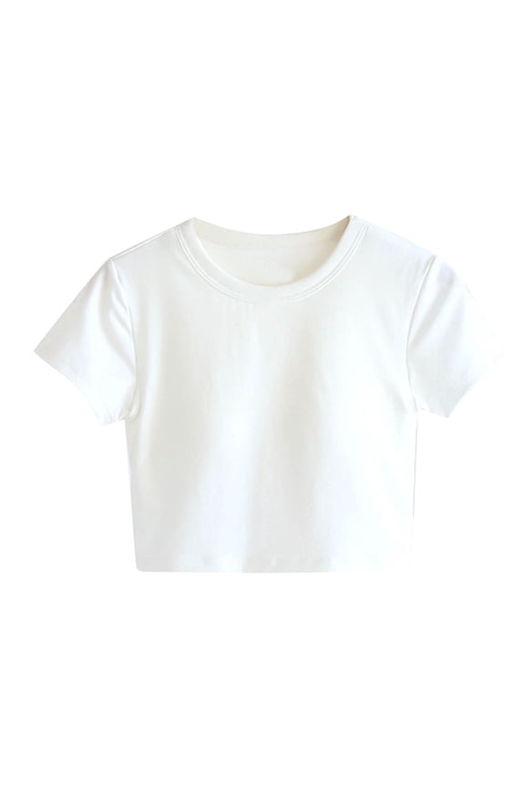 Women's Cotton Crop T-Shirt Solid Color Short Sleeve Crew-Neck Crop Blouses White (S)