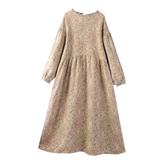 ZQUUVOU Women's Cotton Linen Dress Floral Print Long Sleeve Round Neck Linen Blend Loose Midi Length Tunic Spring Summer Beige
