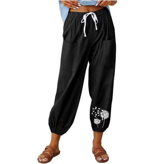 ZQUUVOU Women's Cotton Linen Pants Casual Capris Cropped Wide Leg Beach Breathable Sport Trousers with Pockets Black C