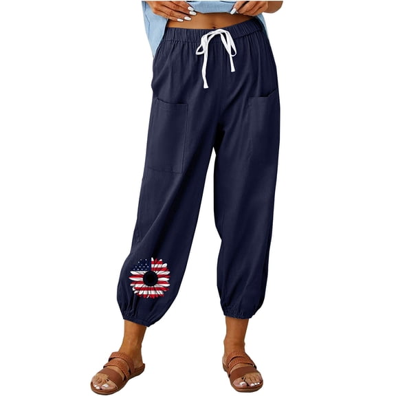 ZQUUVOU Women's Cotton Linen Pants Casual Capris Cropped Wide Leg Beach Breathable Sport Trousers with Pockets Navy C