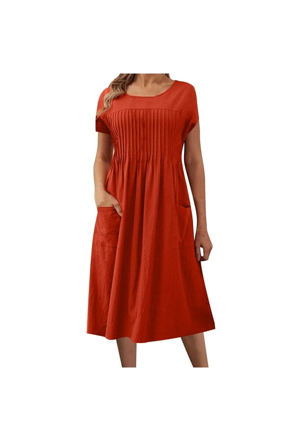 Women's Cotton Linen Shirt Dress Smocked Round Neck Dress with Pockets Comfortable Knee Length Casual Summer Orange