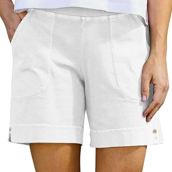 ZQUUVOU Women's Cotton Linen Shorts Summer Solid Color Casual Shorts with Pocket(White,2XL)
