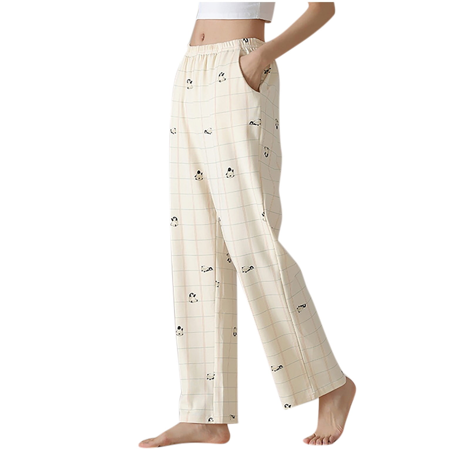 ZQUUVOU Women's Cotton Pajama Pants Wide Leg Plaid Patten Elastic Waist ...