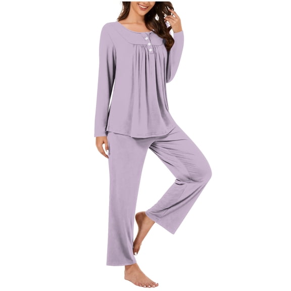 ZQUUVOU Women's Cotton Pajama Set Printed Long Sleeve Button Down Round Neck Tops Pants Soft Sleepwear Lounge Outfit Purple