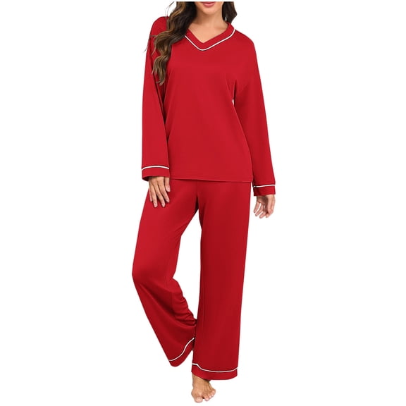 ZQUUVOU Women's Cotton Pajamas Set Loose Solid V Neck Long Sleeve Fashion Casual Comfortable Sleepwear Loungewear Red A