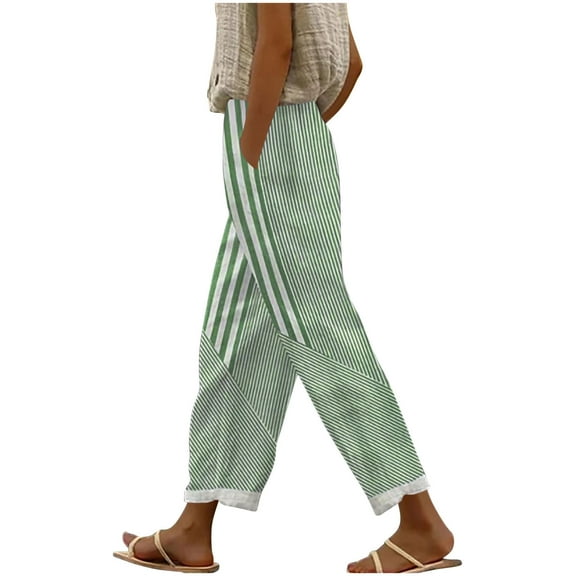 ZQUUVOU Women's Cotton Pants Stripe Pattern Linen Wide Leg Pants Elastic Waist with Pockets Breathable Trousers Green