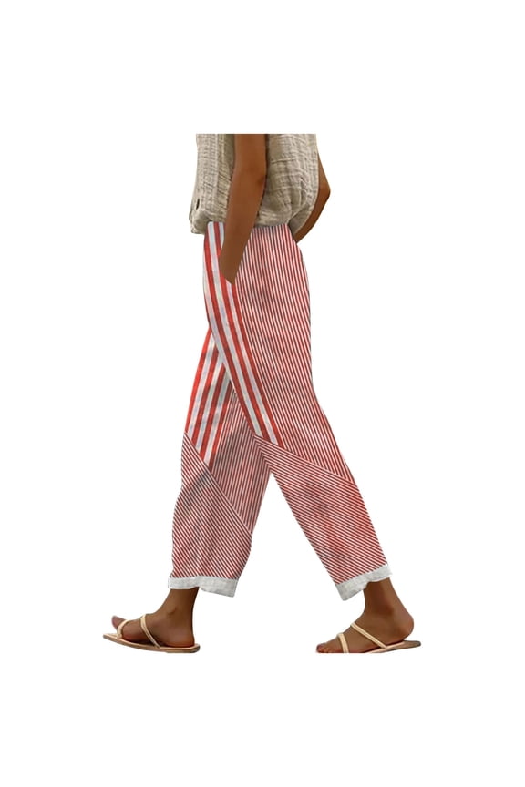 Women's Cotton Pants Stripe Pattern Linen Wide Leg Pants Elastic Waist with Pockets Breathable Trousers Red