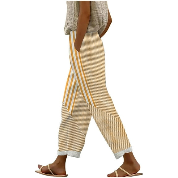 ZQUUVOU Women's Cotton Pants Stripe Pattern Linen Wide Leg Pants Elastic Waist with Pockets Breathable Trousers Yellow