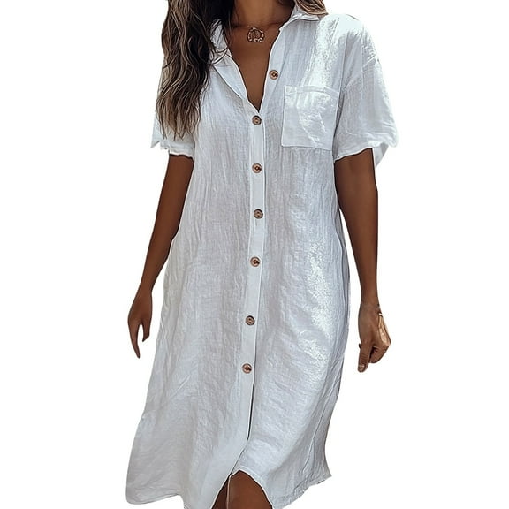 ZQUUVOU Women's Cotton Shirt Dress Short Sleeve Open Front Collar Button Down Cover Up Layering Casual Dress White