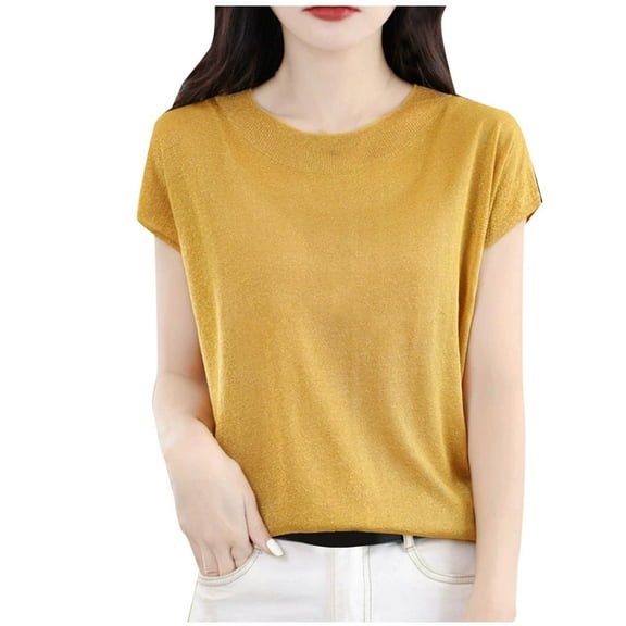 ZQUUVOU Women's Cotton T-Shirt Knit Solid Color Cap Sleeve Crew-Neck Blouses Yellow (L)