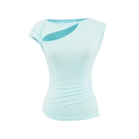 ZQUUVOU Women's Cotton T-Shirts Cap Sleeve Casual Round Neck Solid Color Round-Neck Blouse(Blue,L)