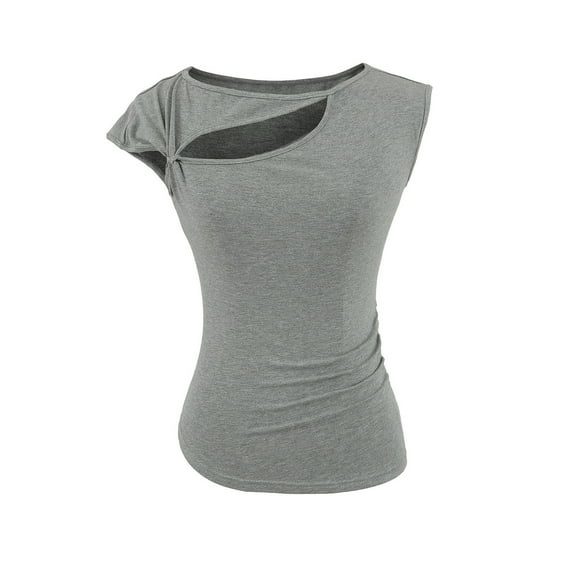 ZQUUVOU Women's Cotton T-Shirts Cap Sleeve Casual Round Neck Solid Color Round-Neck Blouse(Gray,S)