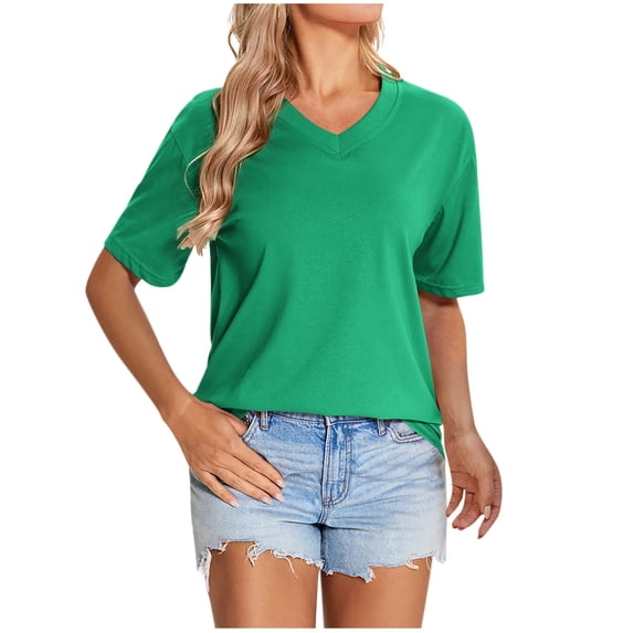 Zwiiyzr Women's Cotton T-Shirts Solid Color Summer Short Sleeve V-Neck Top(Green,XL)