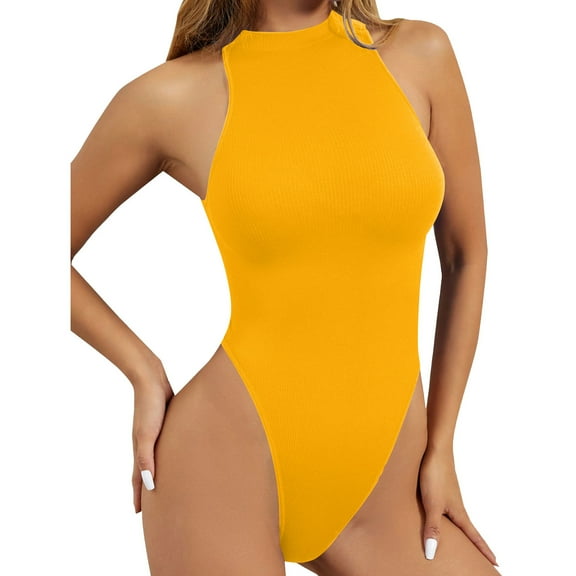 ZQUUVOU Women's Crew Neck Sleeveless Bodysuit Seamless Stretchy Tank Top Thong Tummy Control Bodysuit Leotard Shapewear Yellow