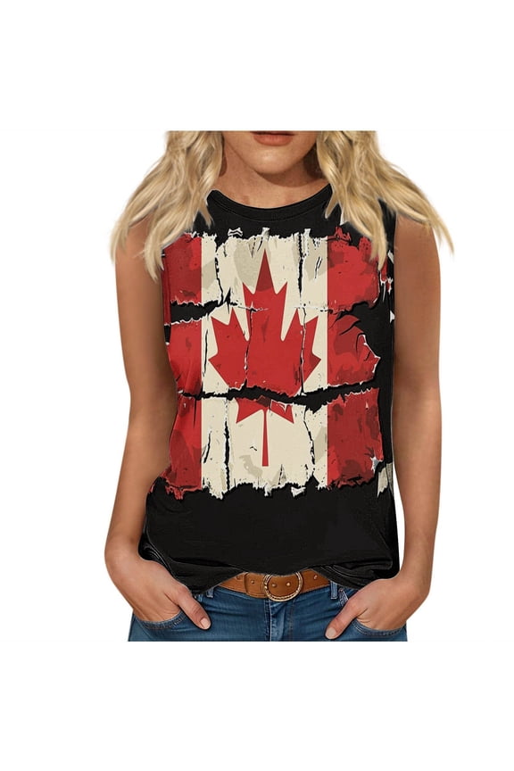Women's Crew Neck Tank Top Canada Maple Leaf Printed Sleeveless Casual Summer Blouse Top Holiday Outfits Red