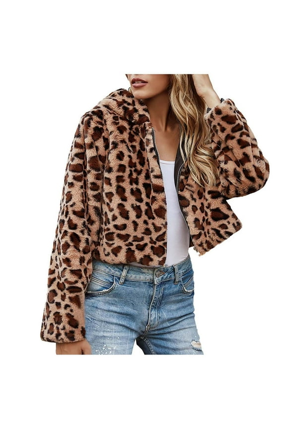 Women's Cropped Faux Fur Jacket with Hood Full Zipper Warm Leopard Printed Short Coat Winter Outerwear Brown