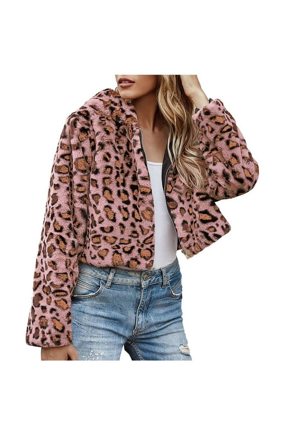 Women's Cropped Faux Fur Jacket with Hood Full Zipper Warm Leopard Printed Short Coat Winter Outerwear Pink