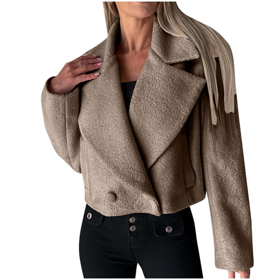 ZQUUVOU Women's Cropped Fleece Coat Notch Lapel Fall Winter Button Down Jacket Long Sleeve Plain Color Outerwear Coffee