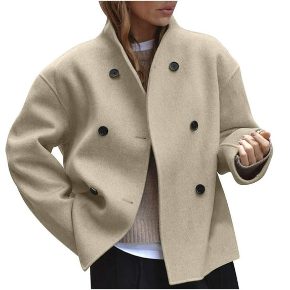 ZQUUVOU Women's Cropped Fleece Coats Warm Pea Coat Stand Collar Double Breasted Trench Overcoat Vintage Tweed Jacket Khaki B