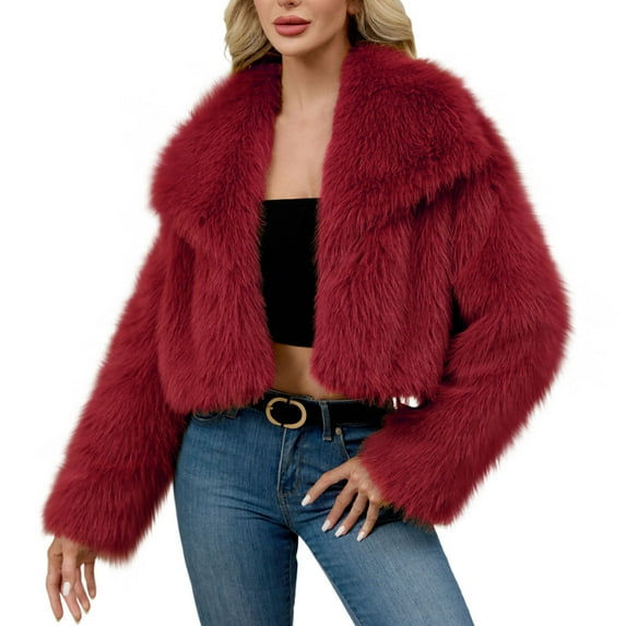 ZQUUVOU Women's Cropped Fluffy Coat Ladies Winter Warm Faux Furry Short Coat Jacket Solid Color Notch Lapel Outerwear Burgundy