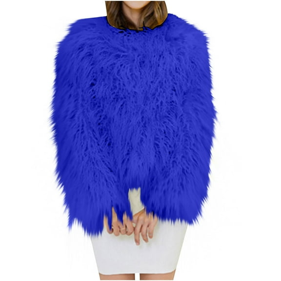 ZQUUVOU Women's Cropped Fluffy Coat Winter Shaggy Faux Fur Outwear Coat Jacket Long Sleeve Crewneck Warm Jacket Blue B