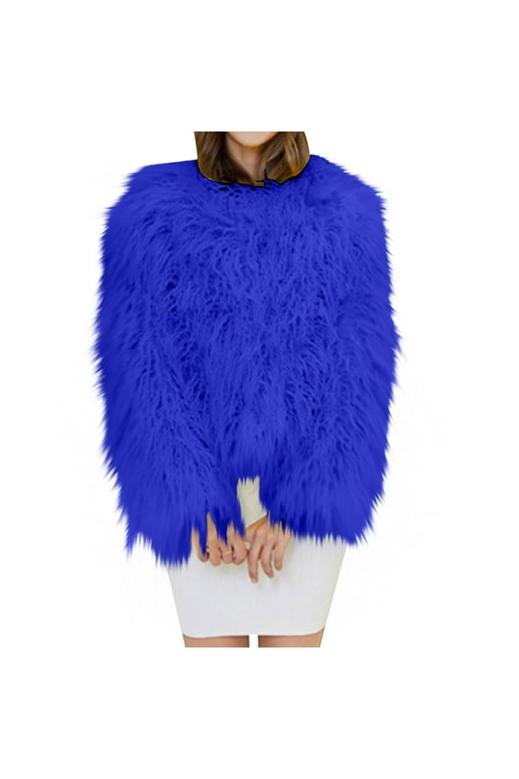 Women's Cropped Fluffy Coat Winter Shaggy Faux Fur Outwear Coat Jacket Long Sleeve Crewneck Warm Jacket Blue B