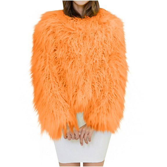 ZQUUVOU Women's Cropped Fluffy Coat Winter Shaggy Faux Fur Outwear Coat Jacket Long Sleeve Crewneck Warm Jacket Orange B