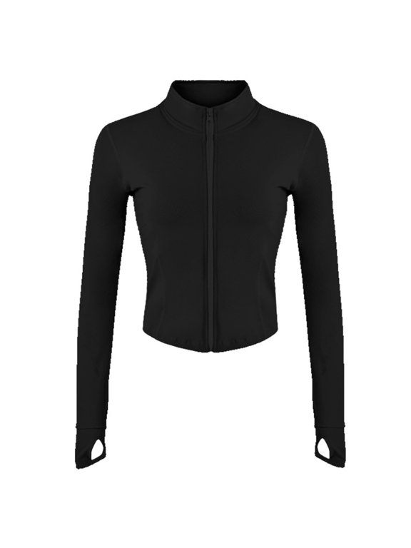Women's Cropped Full Zip Up Jacket Slim Running Workout Athletic Gym Yoga Sports Shapewear Jacket with Thumb Holes Black