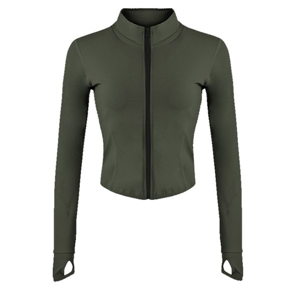 ZQUUVOU Women's Cropped Full Zip Up Jacket Slim Running Workout Athletic Gym Yoga Sports Shapewear Jacket with Thumb Holes Olive Green