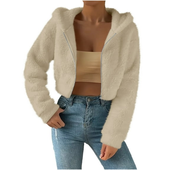 ZQUUVOU Women's Cropped Jacket Fall Winter Long Sleeve Reversible Fleece Jacket Full Zip Hooded Outerwear for Casual Warm Beige