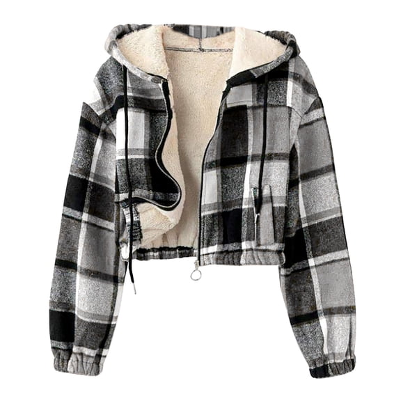ZQUUVOU Women's Cropped Jacket Plush Fleece Lined Jacket Plaid Hooded Zip Front Layer Jacket with Pockets Fall Winter Outfits Gray