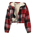thumbnail image 1 of ZQUUVOU Women's Cropped Jacket Plush Fleece Lined Jacket Plaid Hooded Zip Front Layer Jacket with Pockets Fall Winter Outfits Red, 1 of 7