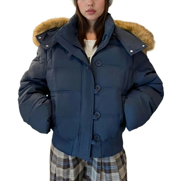 ZQUUVOU Women's Cropped Puffer Jacket Faux Fur Hooded Winter Warm Padded Coat Casual Zip Up Jacket Quilted Down Coats with Pocket Navy