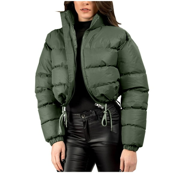ZQUUVOU Women's Cropped Puffer Jacket Zip Up Winter Short Quilted Jackets Bubble Coat Stand Collar Trendy Outerwear Olive Green
