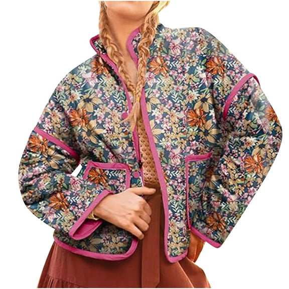 ZQUUVOU Women's Cropped Quilted Jackets Trendy Vintage Printed Cotton Jakcet Fall Winter Lightwight Open Front Coat Hot Pink
