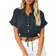thumbnail image 1 of ZQUUVOU Women's Cropped Shirts Short Sleeve Cotton Linen Button Down Top with Pocket Breathable Casual Summer Crop Top Dark Gray, 1 of 6