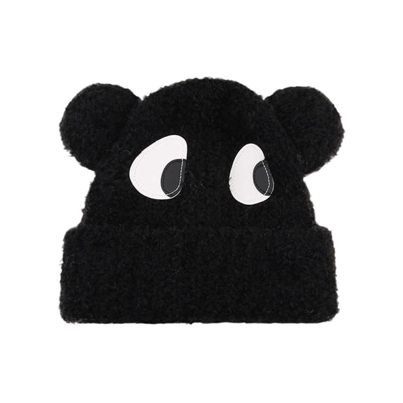 ZQUUVOU Women's Cute Dog Plush Hat with Big Eyes Ear Protection Knit Beanie Lovely Slouchy Plush Snow Cap Black