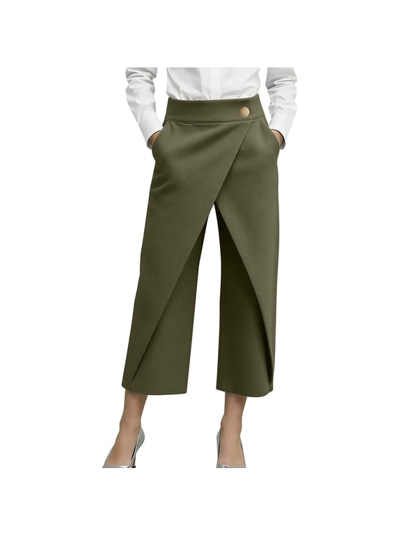 Women's Dress Pants Wide Leg High Waist Wrap Front Cropped Pants with Button Detail Office Workwear Business Casual Olive Green