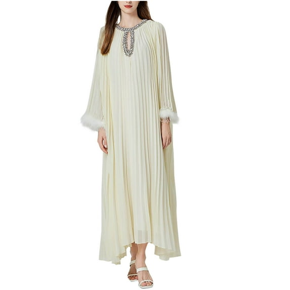 ZQUUVOU Women's Dress Round Neck Long Sleeves Pleated Long Dress Beige,Free Size