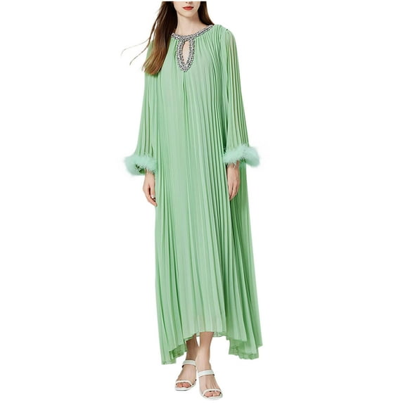 ZQUUVOU Women's Dress Round Neck Long Sleeves Pleated Long Dress Green,Free Size