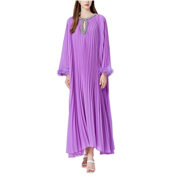ZQUUVOU Women's Dress Round Neck Long Sleeves Pleated Long Dress Purple,Free Size