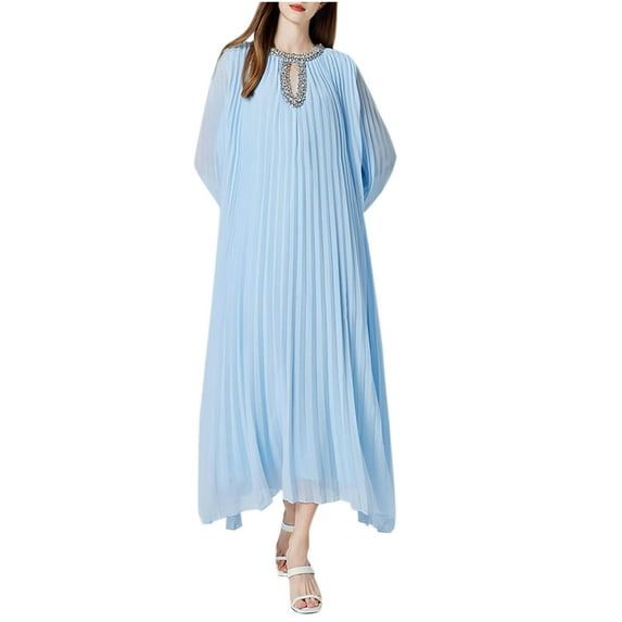 ZQUUVOU Women's Dress Round Neck Long Sleeves Pleated Long Dress Sky Blue,Free Size