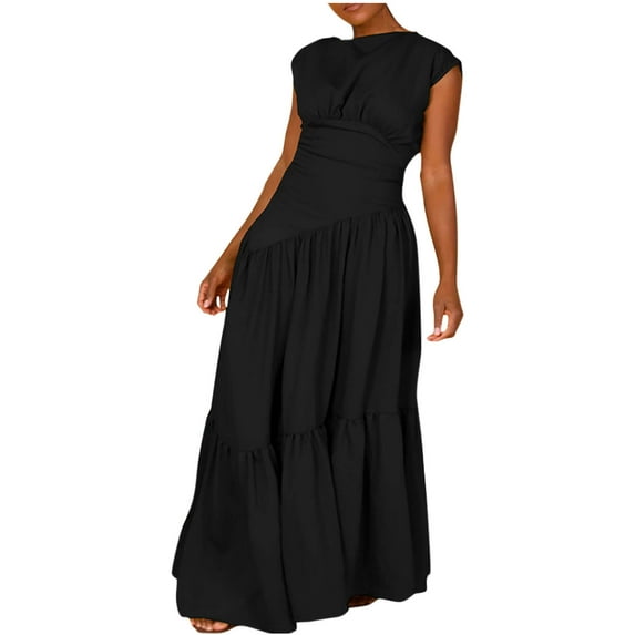 ZQUUVOU Women's Dress Sleeveless Solid Color Round Neck Maxi Dress Black,2XL