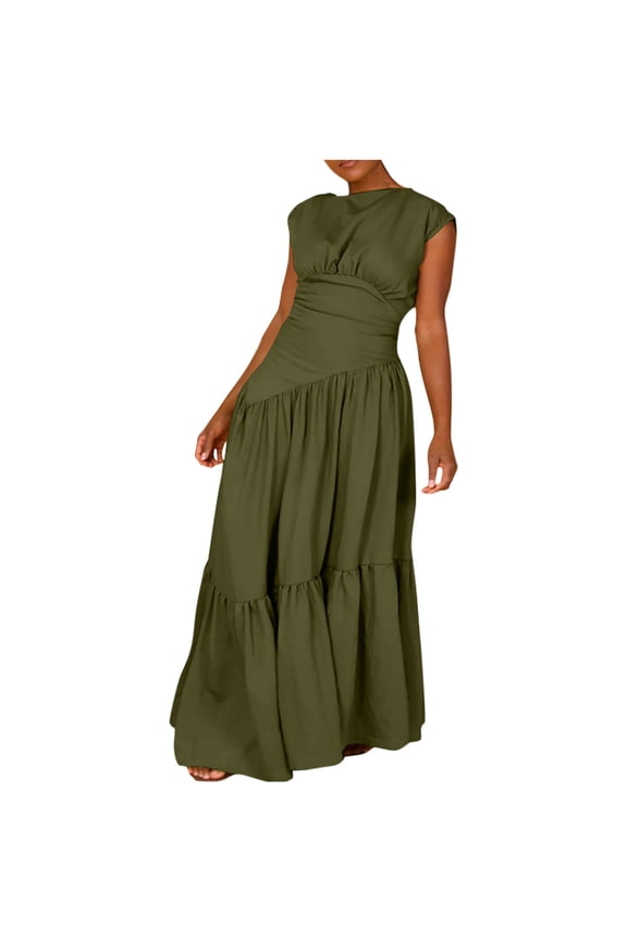 Women's Dress Sleeveless Solid Color Round Neck Maxi Dress Olive Green,L