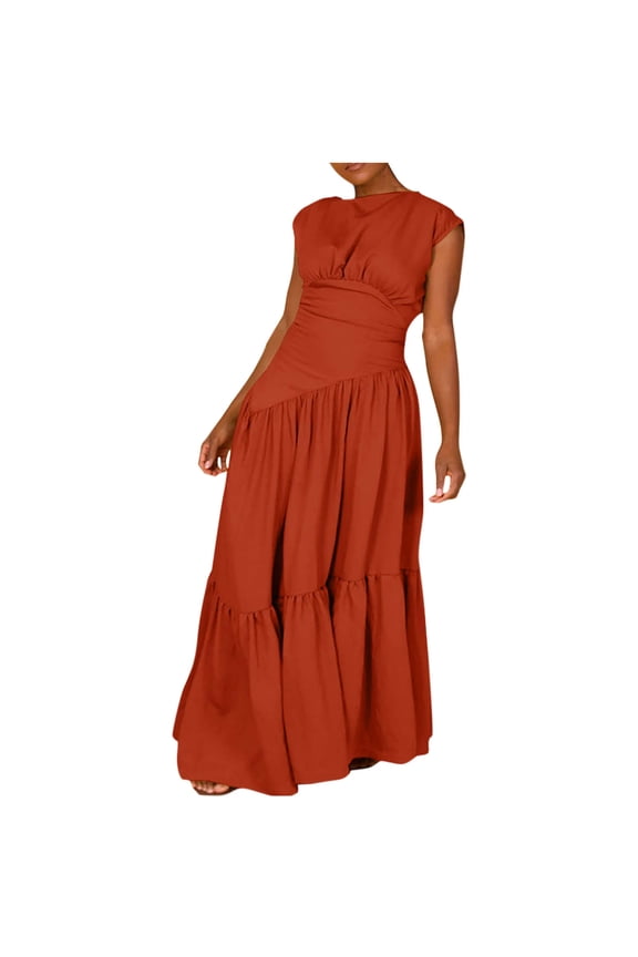 Women's Dress Sleeveless Solid Color Round Neck Maxi Dress Orange,S