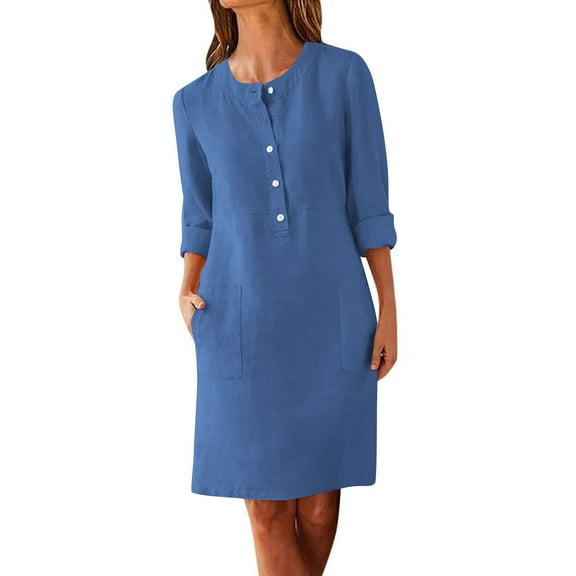 ZQUUVOU Women's Dress Solid Color Button Down Crew Neck Half Sleeve Knee-Length Casual Dress Blue,2XL