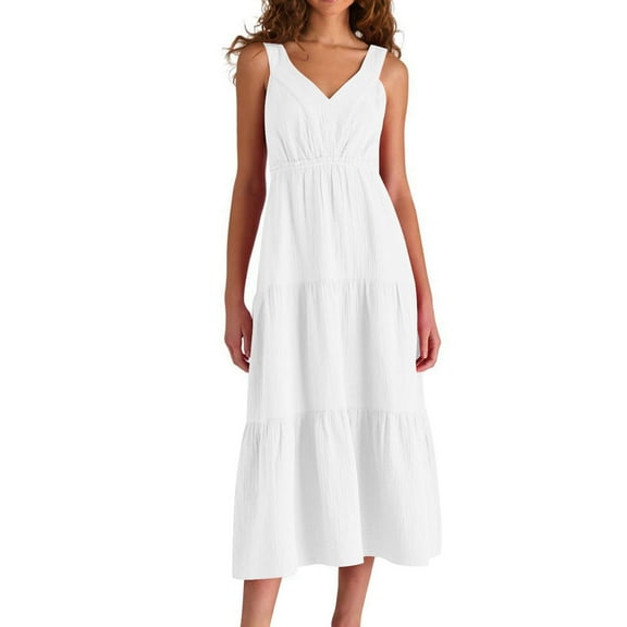 ZQUUVOU Women's Dress Solid Color Sleeveless Cotton Linen Strap Midi Summer Beach Dress White,M