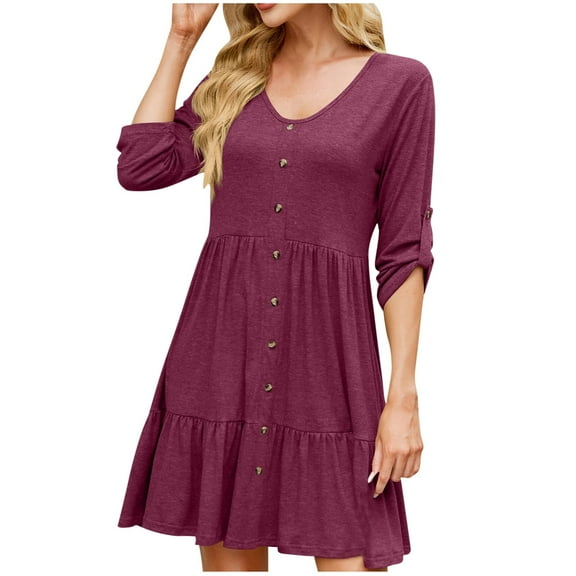 ZQUUVOU Women's Dress Solid Half Sleeves Botton Down Dress Burgundy,S