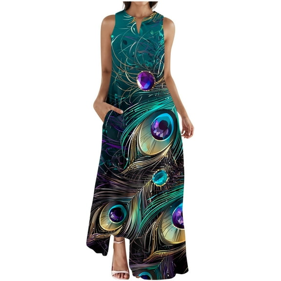 ZQUUVOU Women's Dress Summer Printing Floral Sleeveless Maxi Dress B-Green,S